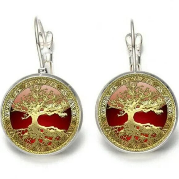NEW Tree Of Life Ombre Fire Red Gold Festival Boho Hippie Drop Pierced Earrings - Picture 1 of 4